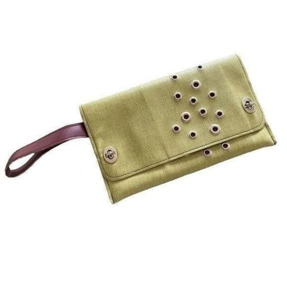 Holly Aiken Sidecar Clutch Green Purple Hand Stitched Grommet Purse Hand Bag